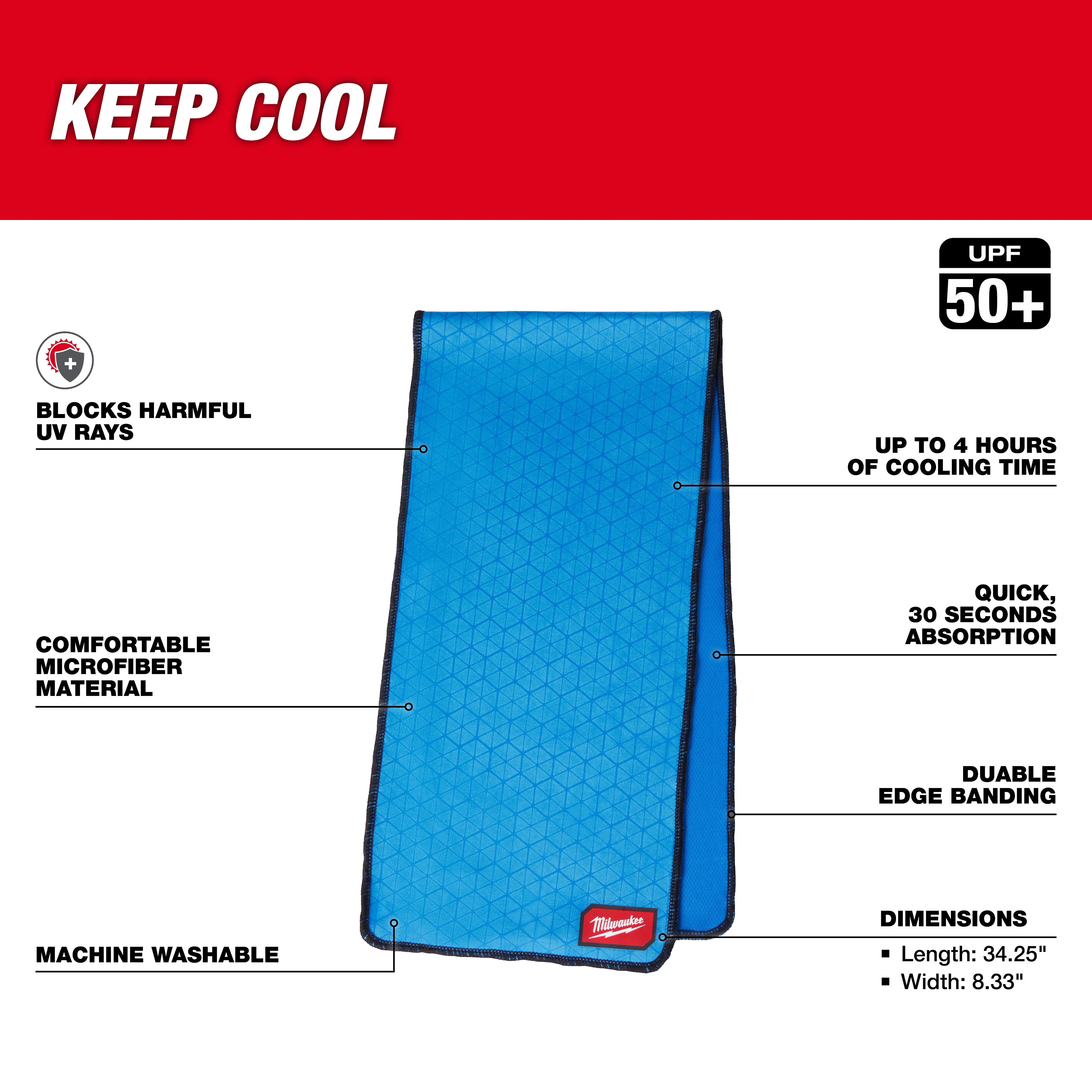 Cooling Towel image with features: blocks UV rays, four hours cooling, 30 seconds absorption, microfiber, machine washable, durable edges.