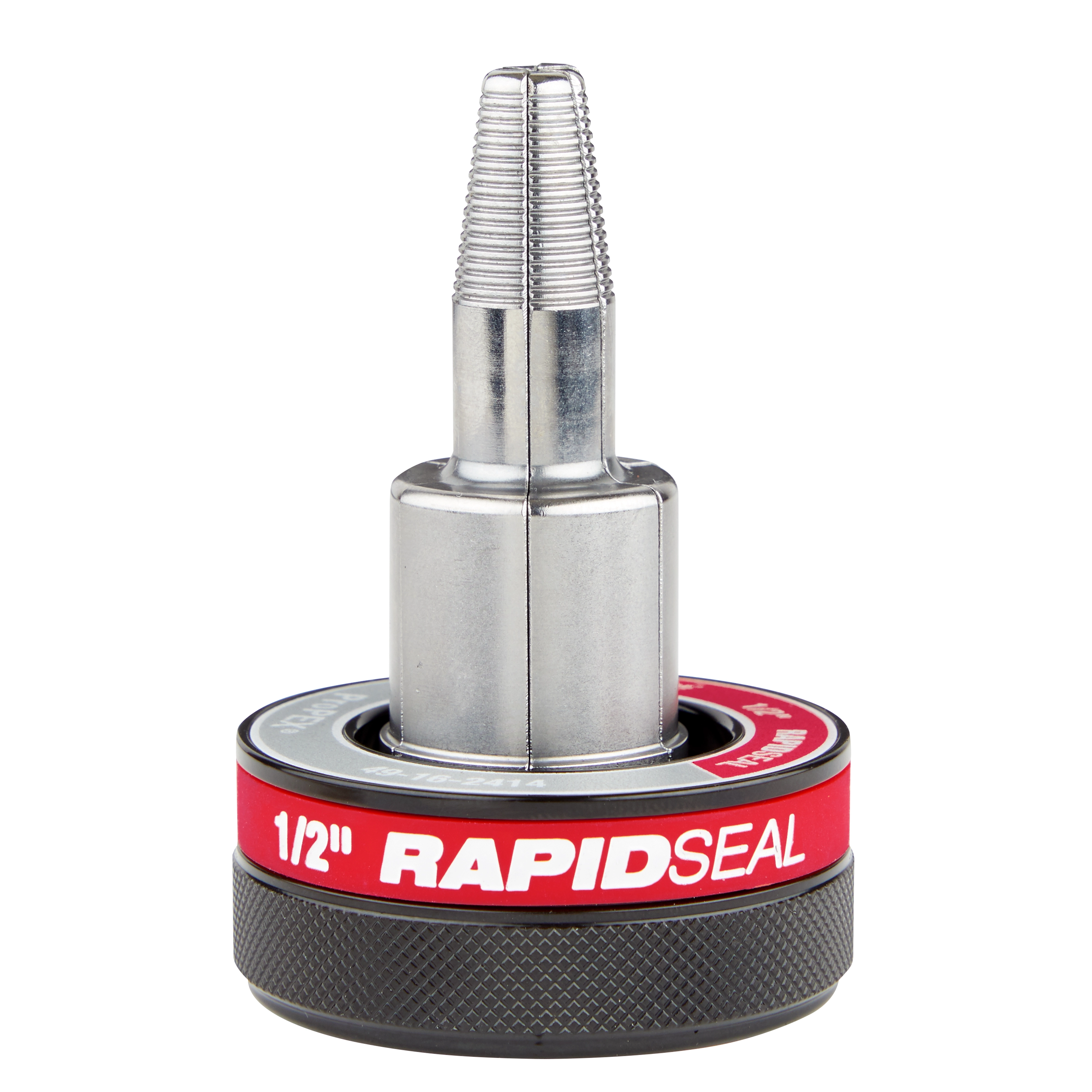 ProPEX® Expander Head with RAPID SEAL™, 1/2" size, featuring a metallic body with a threaded expander tool and a black, textured grip base marked with a red band labeled “RAPID SEAL 1/2”.” Designed for use in plumbing applications.