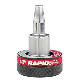 ProPEX® Expander Head with RAPID SEAL™, 1/2" size, featuring a metallic body with a threaded expander tool and a black, textured grip base marked with a red band labeled “RAPID SEAL 1/2”.” Designed for use in plumbing applications.