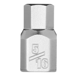The image is of a 1/4" Drive 5/16" Low-Profile Hex Bit Socket in a metallic finish. The size, 5/16, is visibly engraved on the side of the socket. The hex bit socket has a sleek, compact design.