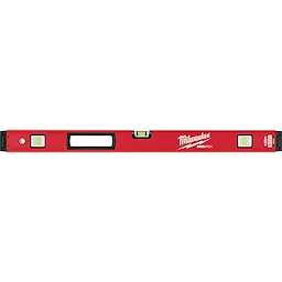 Red Milwaukee REDSTICK Level with three vials and a central handle, displaying accurate levelling markers on a sturdy design.