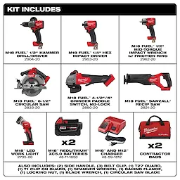 M18 FUEL 7-Tool Combo Kit includes a hammer drill/driver, hex impact driver, mid-torque impact wrench, circular saw, grinder paddle switch, Sawzall reciprocating saw, work light, two M18 batteries, charger, and two contractor bags with other accessories.
