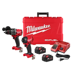 The M18 FUEL 2-Tool Combo Kit includes a cordless drill, impact driver, two batteries, a charger, and a red carrying case. All items are displayed with the Milwaukee brand name and logos prominently.