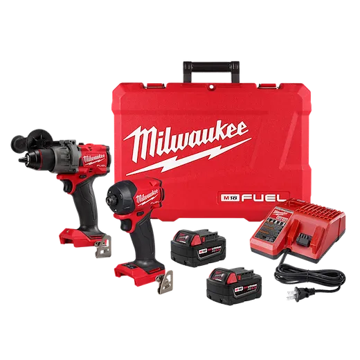 The M18 FUEL 2-Tool Combo Kit includes a cordless drill, impact driver, two batteries, a charger, and a red carrying case. All items are displayed with the Milwaukee brand name and logos prominently.