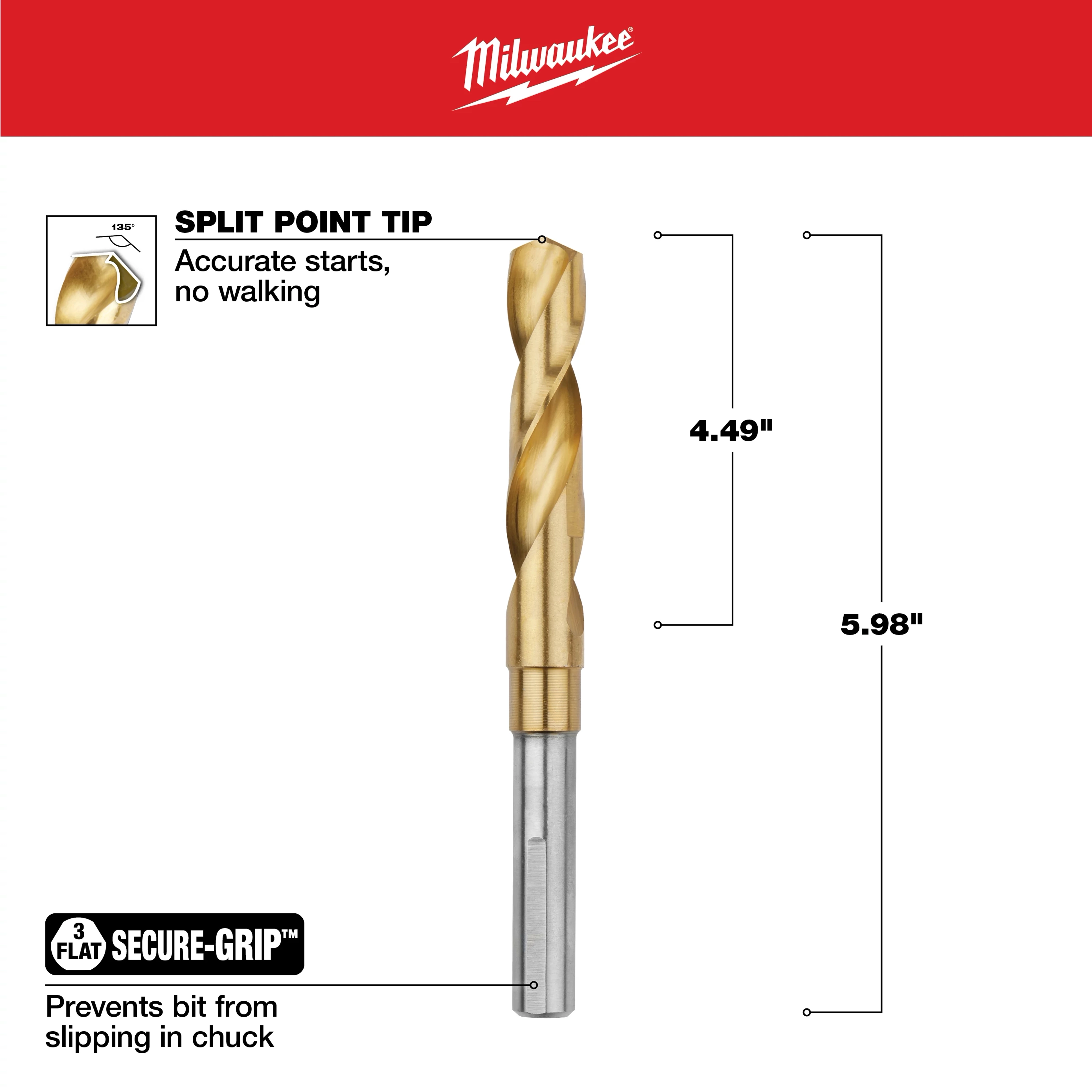 5/8" Titanium Silver and Deming Bit with split point tip for accurate starts, preventing bit walking. Measures 5.98 inches in total length with 4.49 inches of cutting length. Features a 3-flat Secure-Grip for preventing the bit from slipping in the chuck.