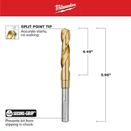 5/8" Titanium Silver and Deming Bit with split point tip for accurate starts, preventing bit walking. Measures 5.98 inches in total length with 4.49 inches of cutting length. Features a 3-flat Secure-Grip for preventing the bit from slipping in the chuck.