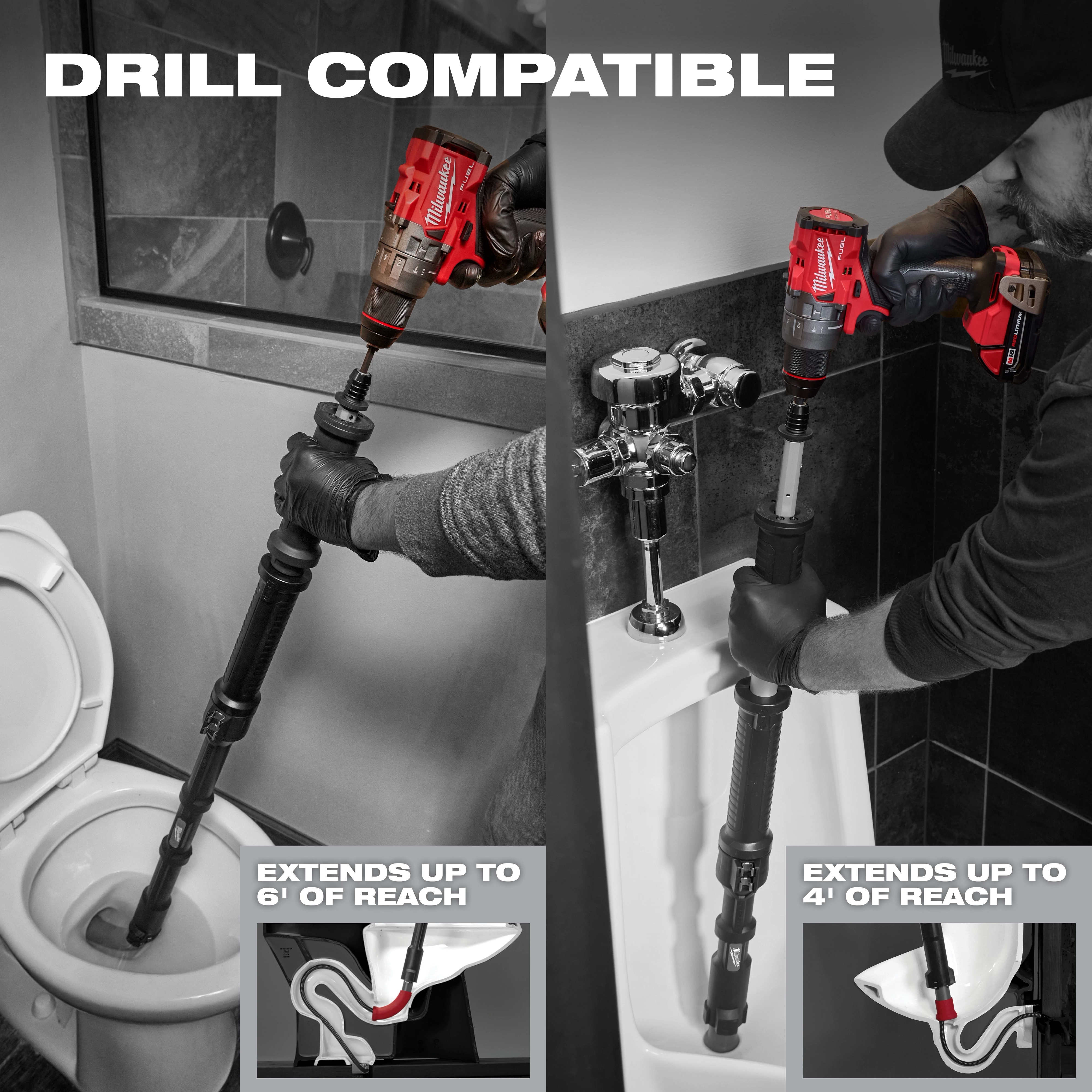 M12 TRAPSNAKE 2-Tool Combo Kit used to unclog toilets and urinals with drill-compatible tools. Extends up to 6' or 4'.