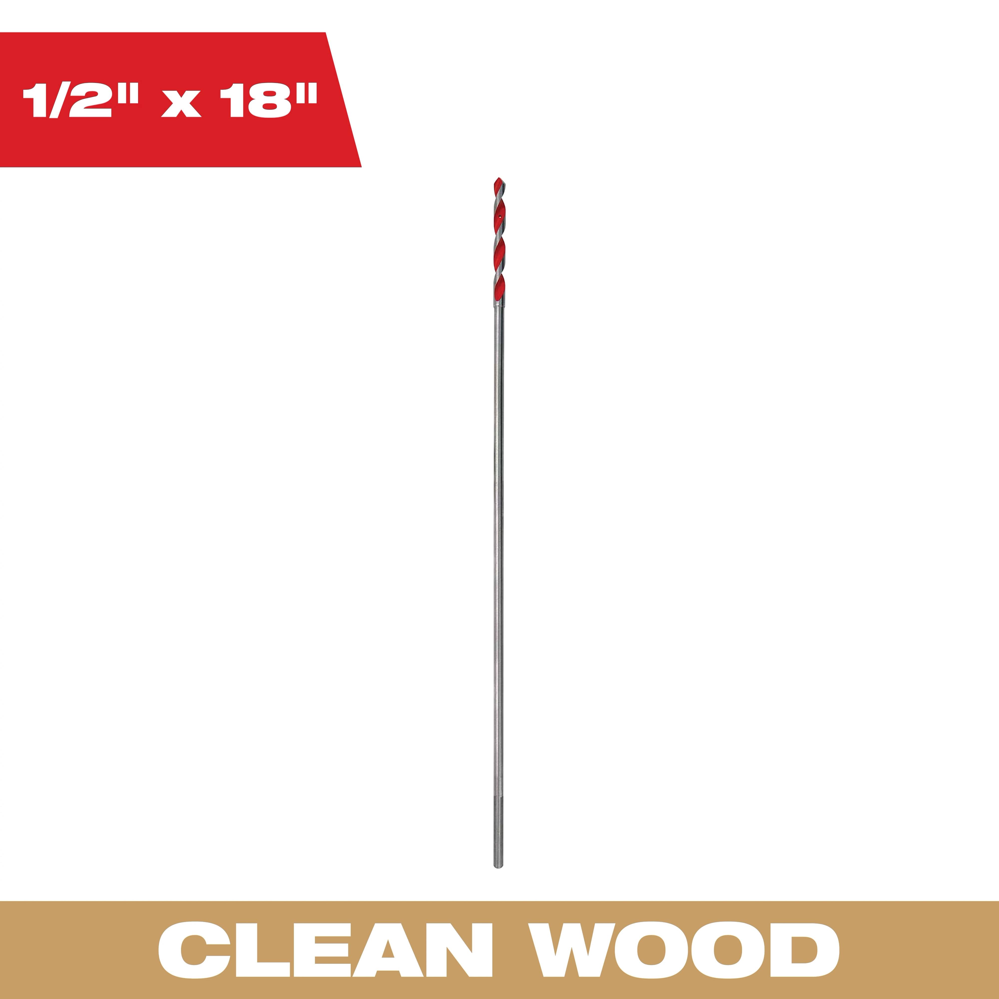 Milwaukee Red Helix 1/2" x 18" wood drill bit features a long, slim design with a red-tipped helix for clean wood drilling.