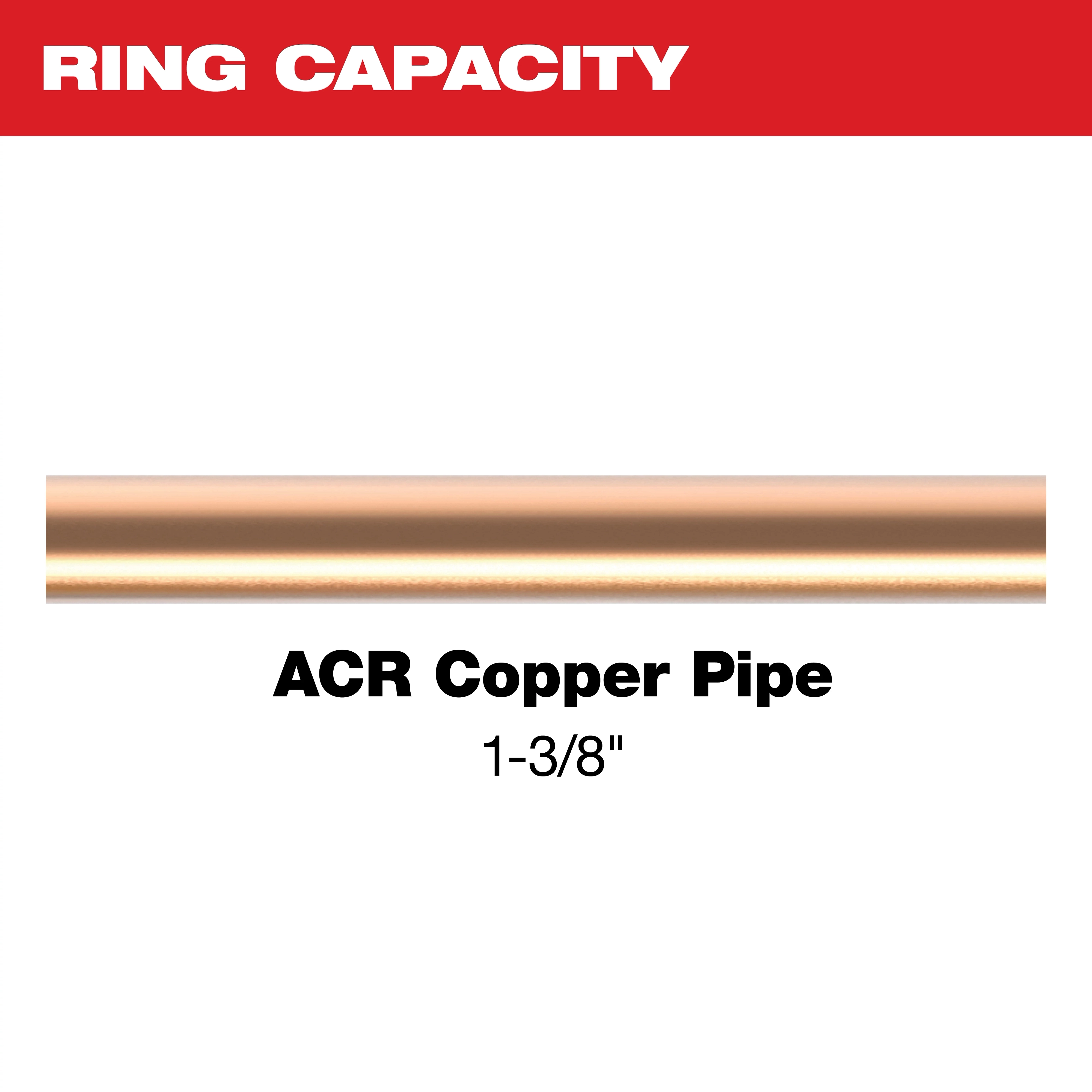 1-3/8" Streamline® ACR Pivoting Press Ring is designed for 1-3/8" ACR copper pipes. The image includes a copper pipe with text indicating its ring capacity, diameter, and product compatibility.
