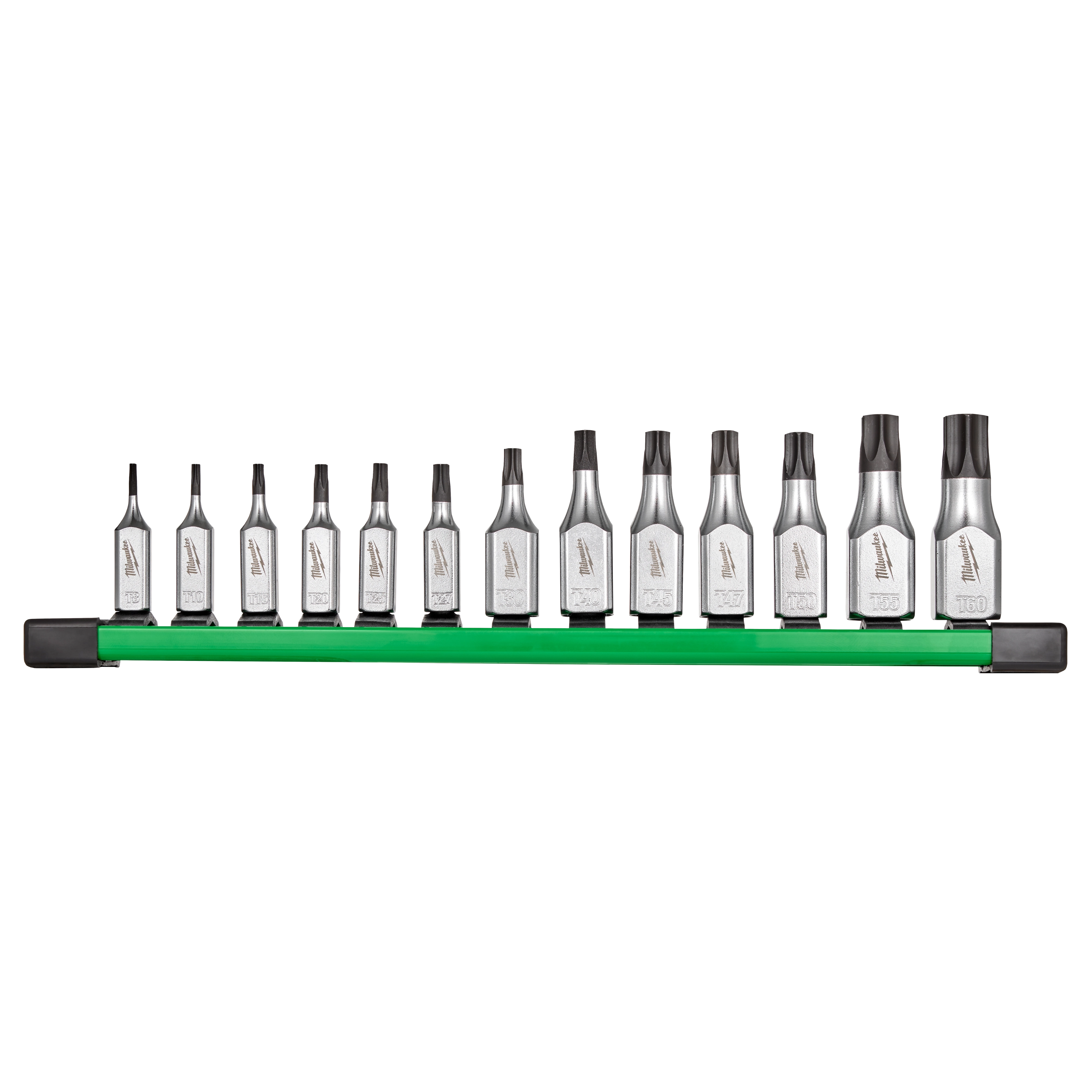 13-piece TORX® bit socket set with 1/4” and 3/8” drive tamper proof bits. The set features 13 silver-colored sockets, aligned on a green rail, each marked with individual sizes. Suitable for various mechanical and hardware applications requiring tamper-proof screwdrivers.