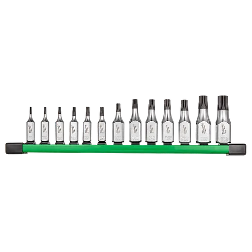 13-piece TORX® bit socket set with 1/4” and 3/8” drive tamper proof bits. The set features 13 silver-colored sockets, aligned on a green rail, each marked with individual sizes. Suitable for various mechanical and hardware applications requiring tamper-proof screwdrivers.