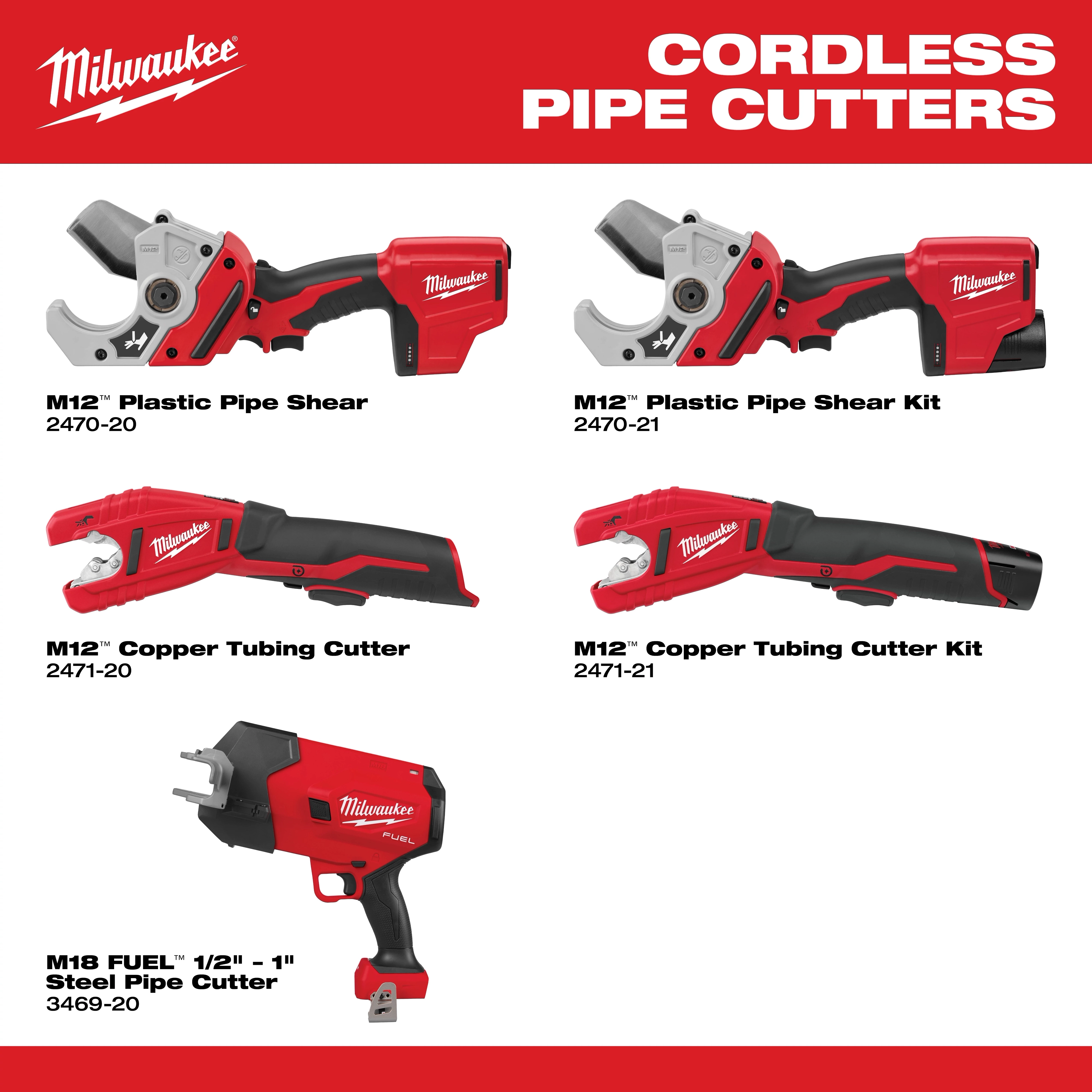 Cordless pipe cutters include M12 Plastic Pipe Shear, M12 Plastic Pipe Shear Kit, M12 Copper Tubing Cutter, M12 Copper Tubing Cutter Kit, and M18 FUEL 1/2"-1" Steel Pipe Cutter.