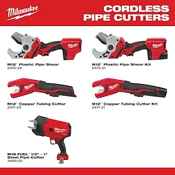 Cordless pipe cutters include M12 Plastic Pipe Shear, M12 Plastic Pipe Shear Kit, M12 Copper Tubing Cutter, M12 Copper Tubing Cutter Kit, and M18 FUEL 1/2"-1" Steel Pipe Cutter.