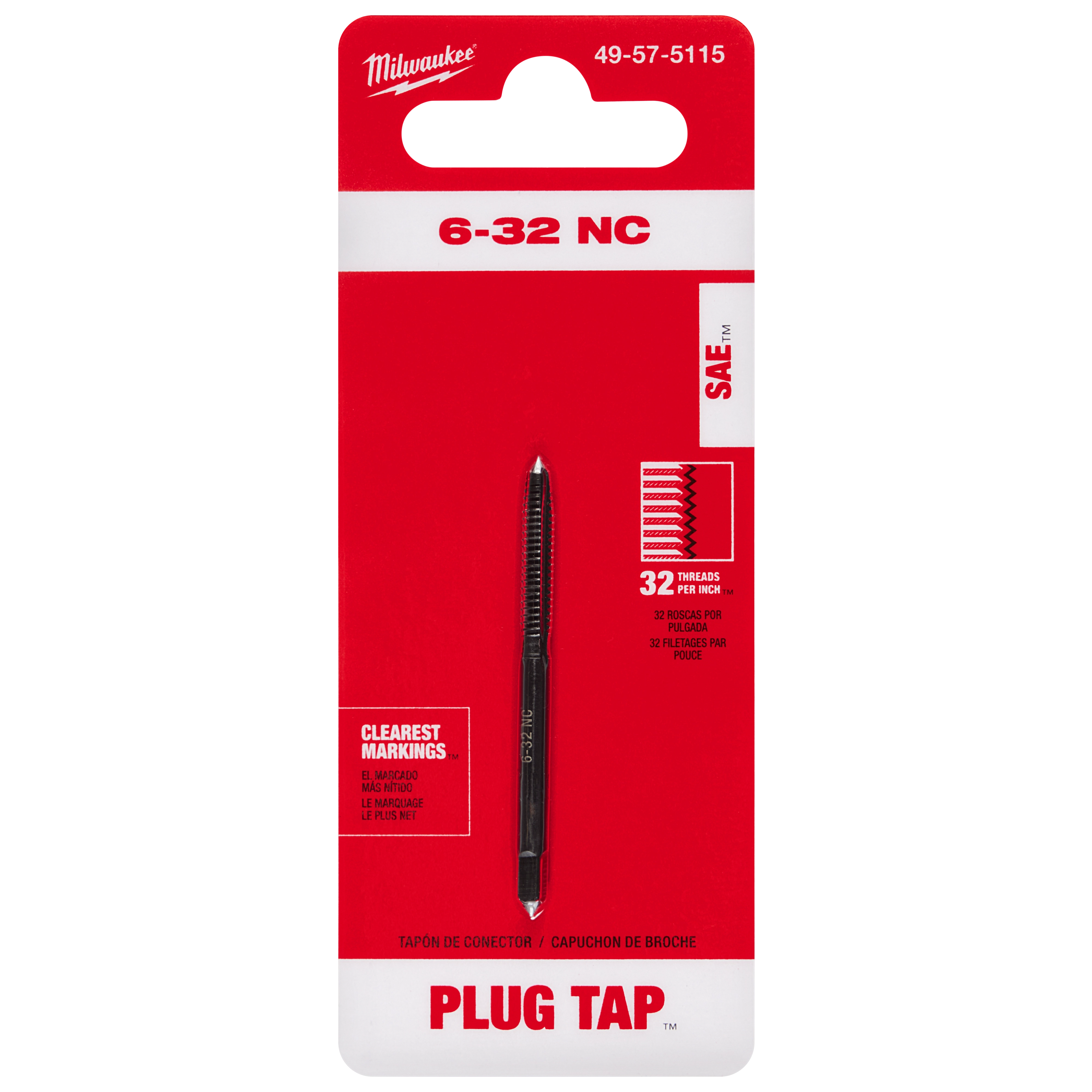 6-32 NC Straight Flute Plug Tap in red packaging with clear markings, suitable for creating 32 threads per inch.