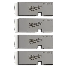 Four Milwaukee 1"-2" high-speed stainless NPT universal pipe threading dies are arranged vertically, showing brand name and specifications.