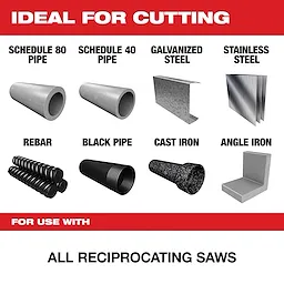Nitrus Carbide For Use With all reciprocating saws, ideal for cutting various materials including Schedule 80 and 40 pipe, galvanized steel, stainless steel, rebar, black pipe, cast iron, and angle iron. Eight different material types are displayed with corresponding images.