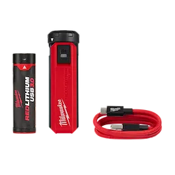 The REDLITHIUM™ USB Charger and Portable Power Source Kit includes a black and red USB 3.0 battery, a red charger with Milwaukee branding, and a coiled red USB cable with black connectors.