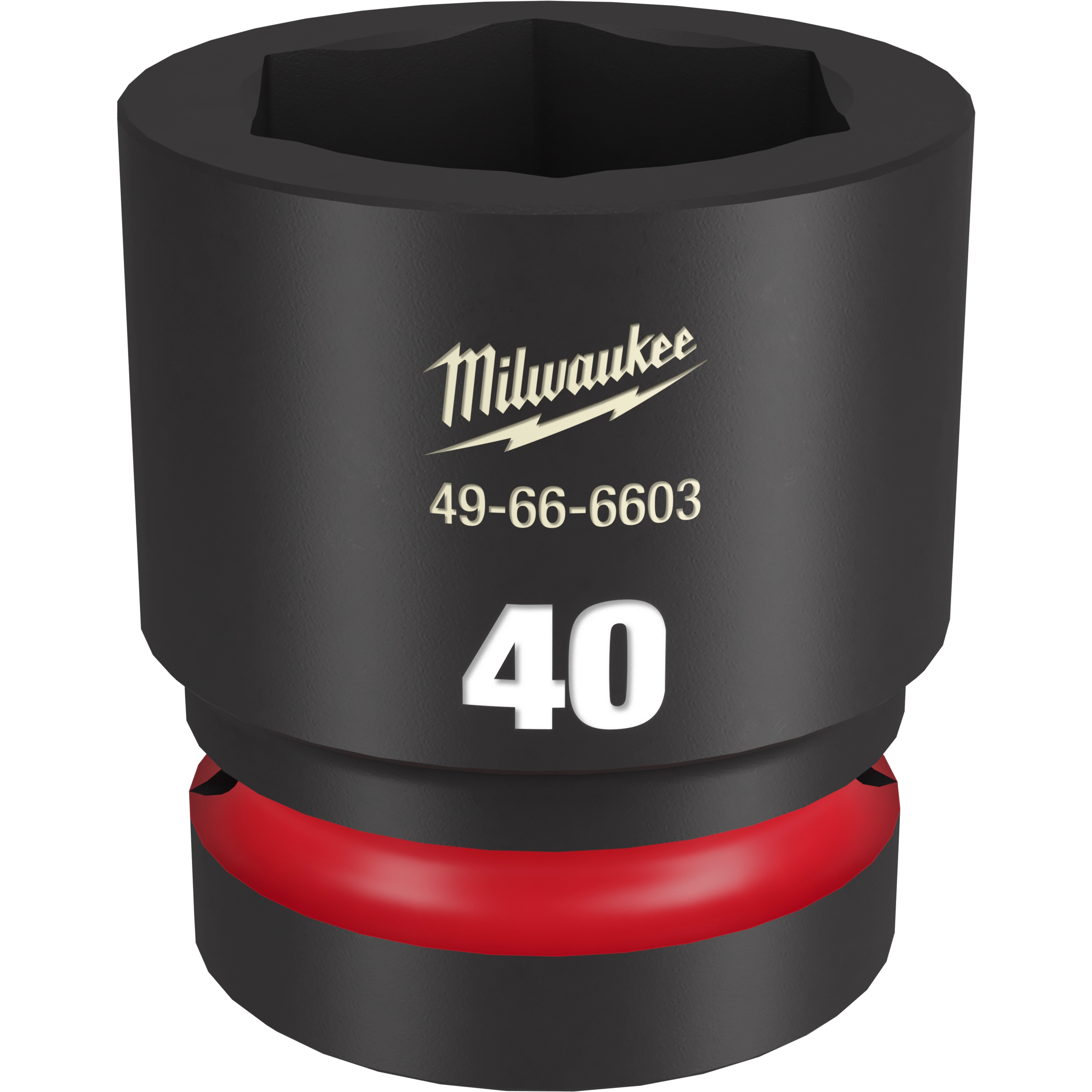 1" DR 40MM STD Impact Socket, black with a red ring, features Milwaukee branding, model number 49-66-6603, and "40" in white print.