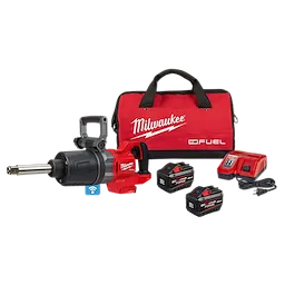 The image shows the M18 FUEL™ 1" D-Handle Ext. Anvil High Torque Impact Wrench w/ ONE-KEY™ Kit Block by Milwaukee. The kit includes a red and black impact wrench, two battery packs, a charger, and a red Milwaukee carrying bag with black handles.