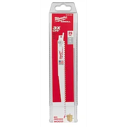 Milwaukee Sawzall® 9" 5 TPI Blade Pack (25 pk). It features a red and white design with the Milwaukee logo. The packaging highlights its 3X life, ideal for nail-embedded wood cutting, and includes a plastic transparent case showcasing one blade.