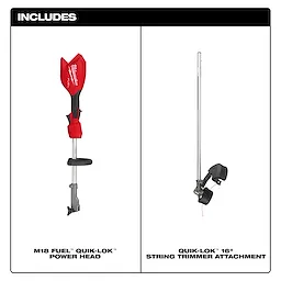 M18 FUEL Power Head w/ QUIK-LOK with detachable shaft beside a QUIK-LOK string trimmer attachment.