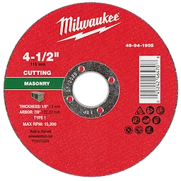 4-1/2" x 1/8" x 7/8" Masonry Cut Off Wheel - Type 1 for cutting with a thickness of 1/8", arbor size of 7/8", and max RPM of 13,300.