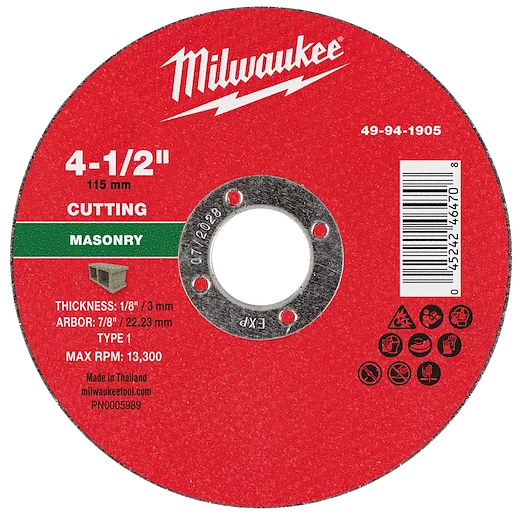 4-1/2" x 1/8" x 7/8" Masonry Cut Off Wheel - Type 1 for cutting with a thickness of 1/8", arbor size of 7/8", and max RPM of 13,300.