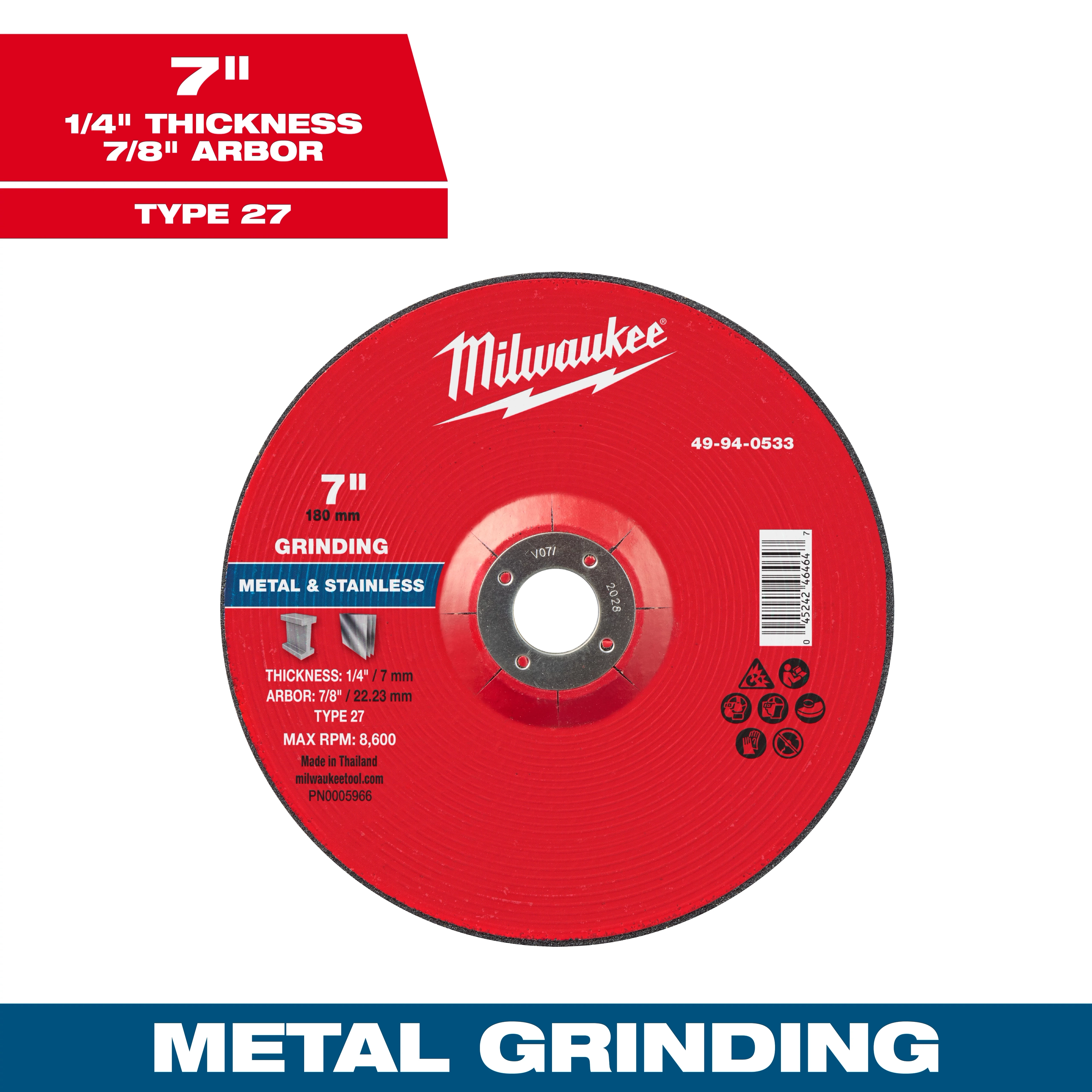 7" x 1/4" x 7/8" Metal Grinding Wheel - Type 27 with a red design for metal and stainless grinding, max RPM 8,600.