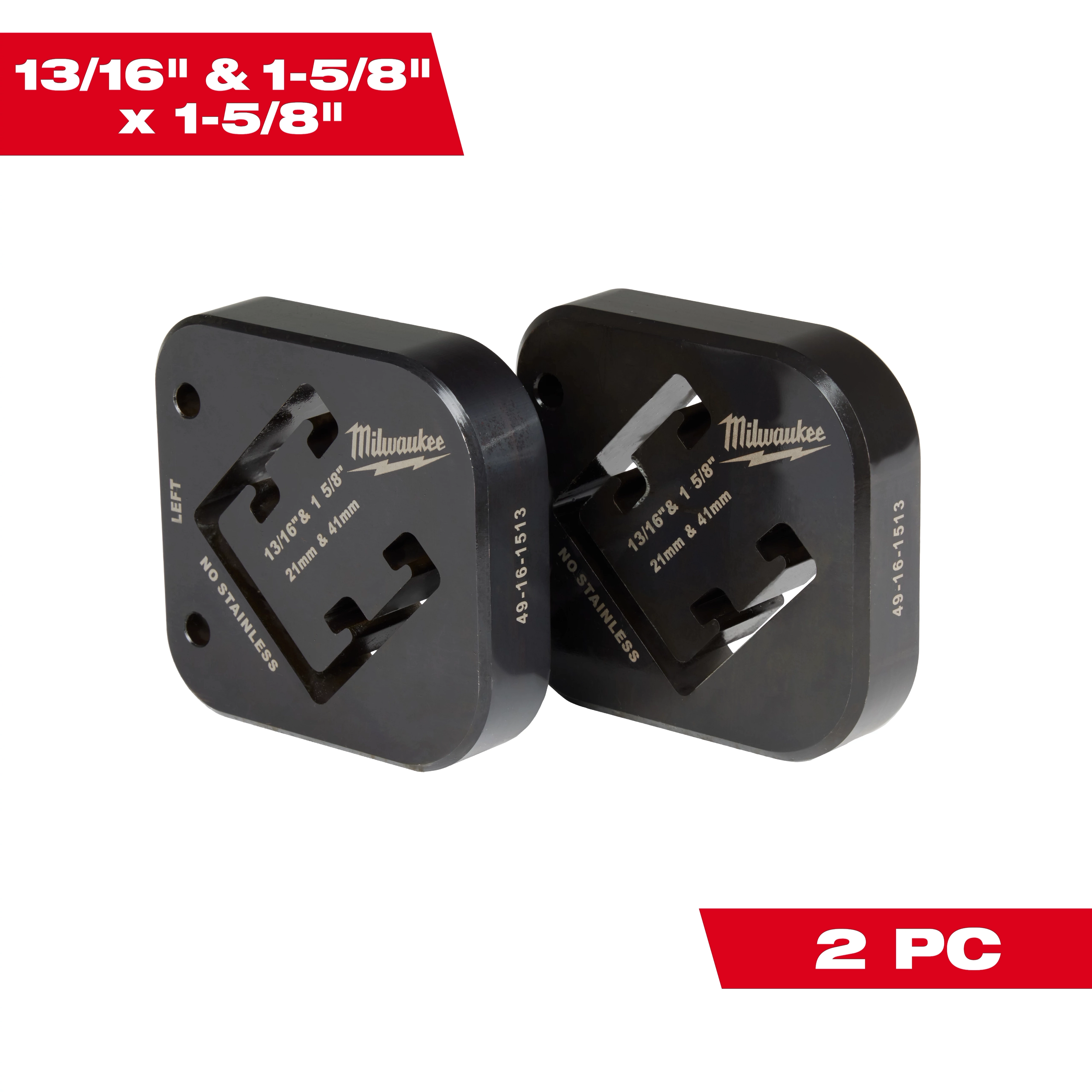 Milwaukee 13/16" & 1-5/8" x 1-5/8" Combination Strut Shearing Dies, includes two pieces, designed for cutting struts.