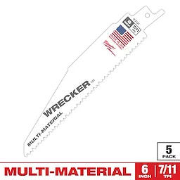 Sawzall Bi-Metal Carbide Primary Images shows a Milwaukee Wrecker multi-material blade. The blade measures 6 inches with 7/11 TPI. The packaging indicates it is made in the USA and comes in a pack of 5. It is designed for cutting various materials and features a durable, carbide composition.
