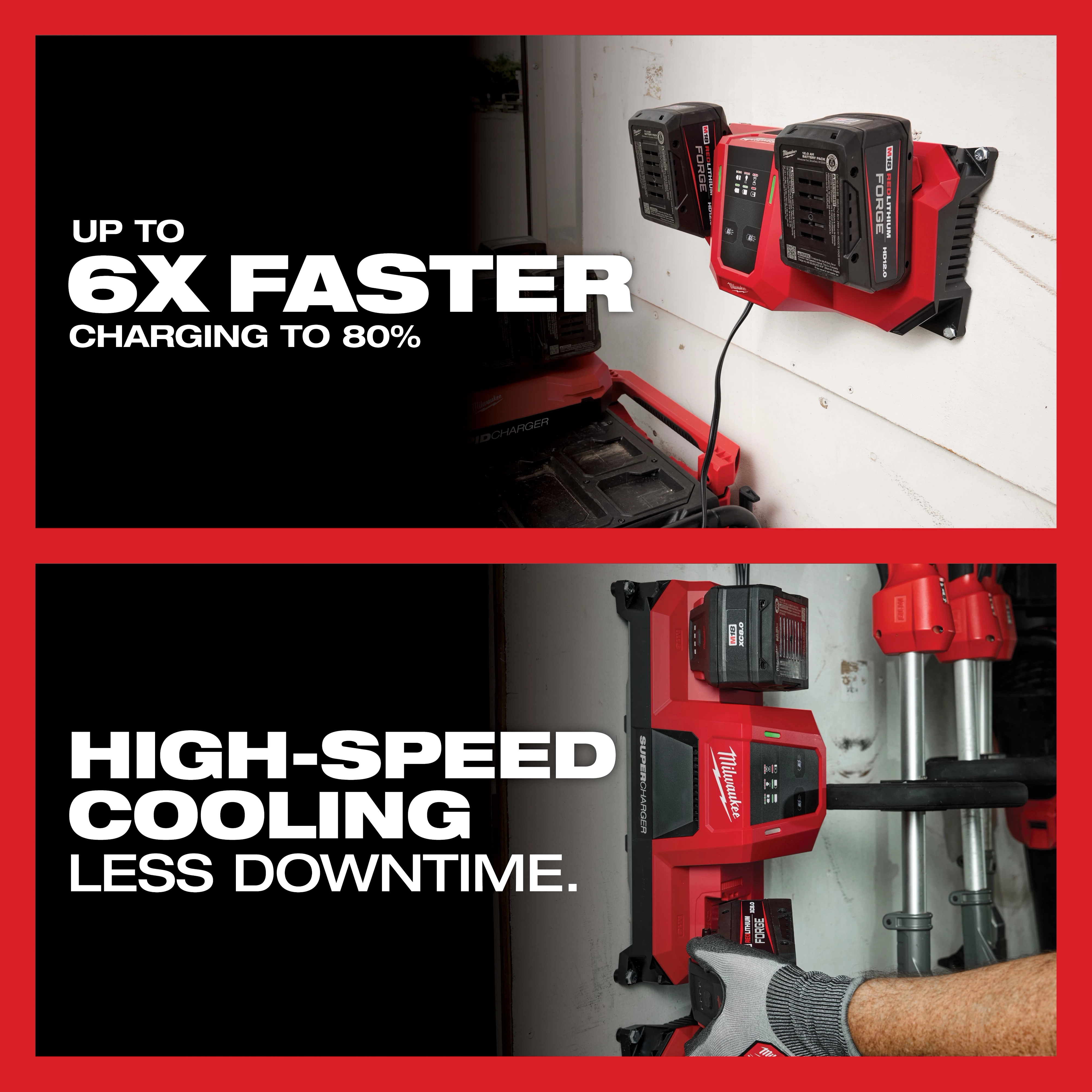 The M18 Dual Bay Simultaneous Super Charger is mounted on a wall, featuring up to 6 times faster charging and high-speed cooling for reduced downtime.