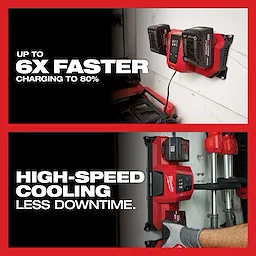 The M18 Dual Bay Simultaneous Super Charger is mounted on a wall, featuring up to 6 times faster charging and high-speed cooling for reduced downtime.