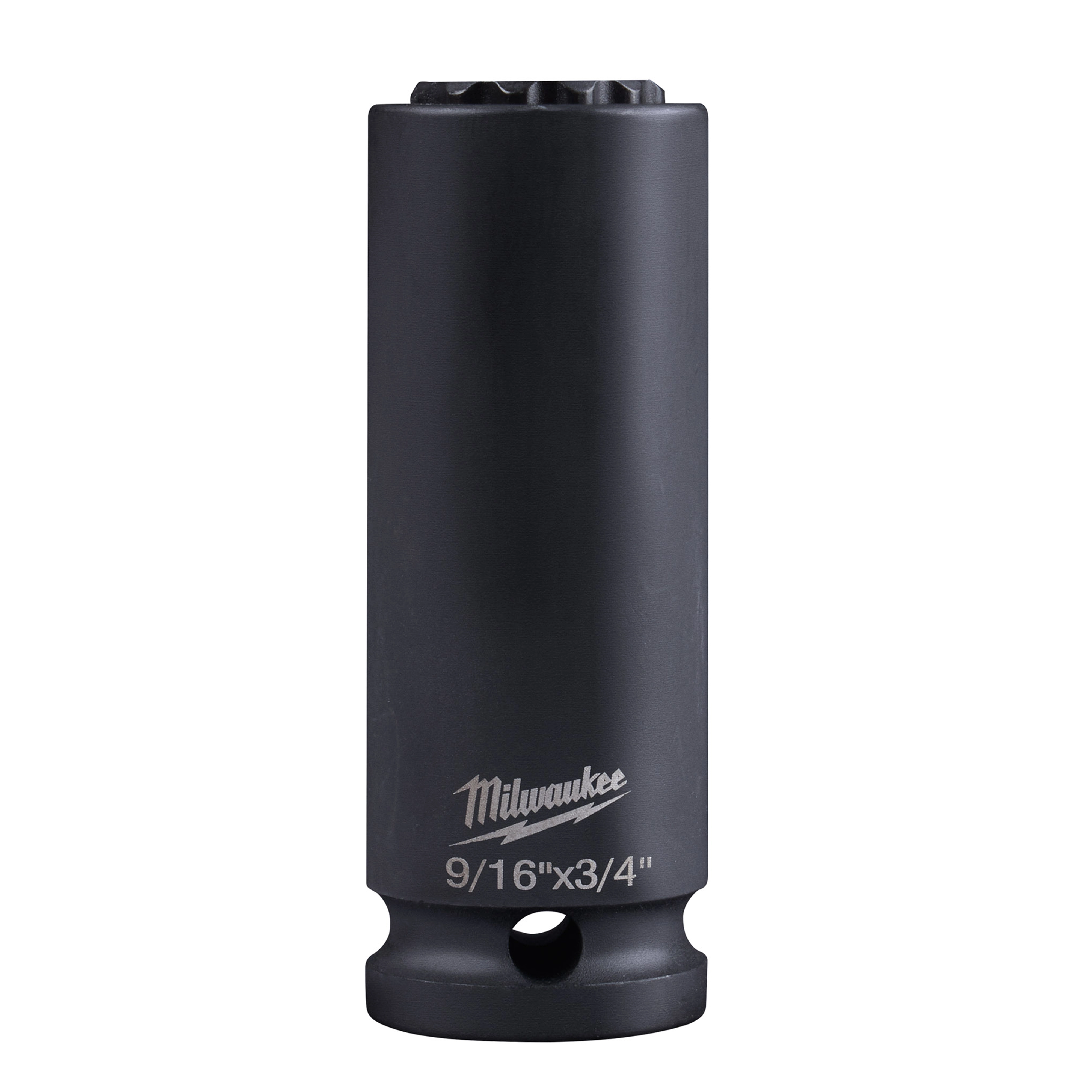 9/16"-3/4" 12PT 2-in-1 Socket, a dark metal socket tool with the brand name Milwaukee engraved on its body, designed for use with compatible ratchets.
