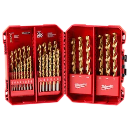 The THUNDERBOLT® Titanium Drill Bit Set – 29PC includes a variety of 29 drill bits arranged in a red carrying case. Each bit is coated in titanium for durability, and the set is organized into two compartments for easy access. The case prominently features the Milwaukee brand logo.
