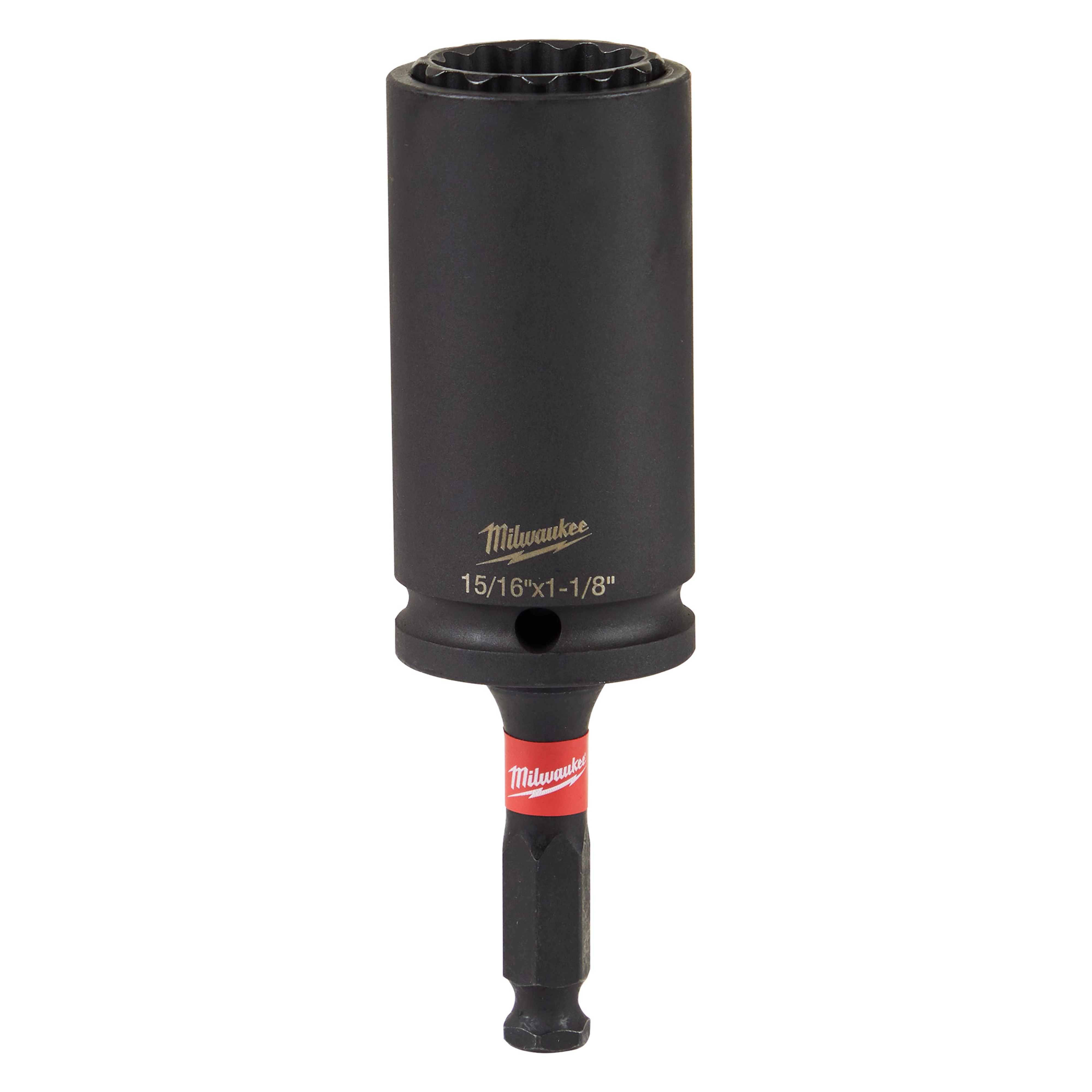 Shockwave Lineman's 12PT 15/16" & 1 1/8" 2-in-1 Socket is a black, multi-functional socket tool with two size options. The manufacturer's name and socket sizes are printed in white and gold on the socket. The base features a red and black attachment section.