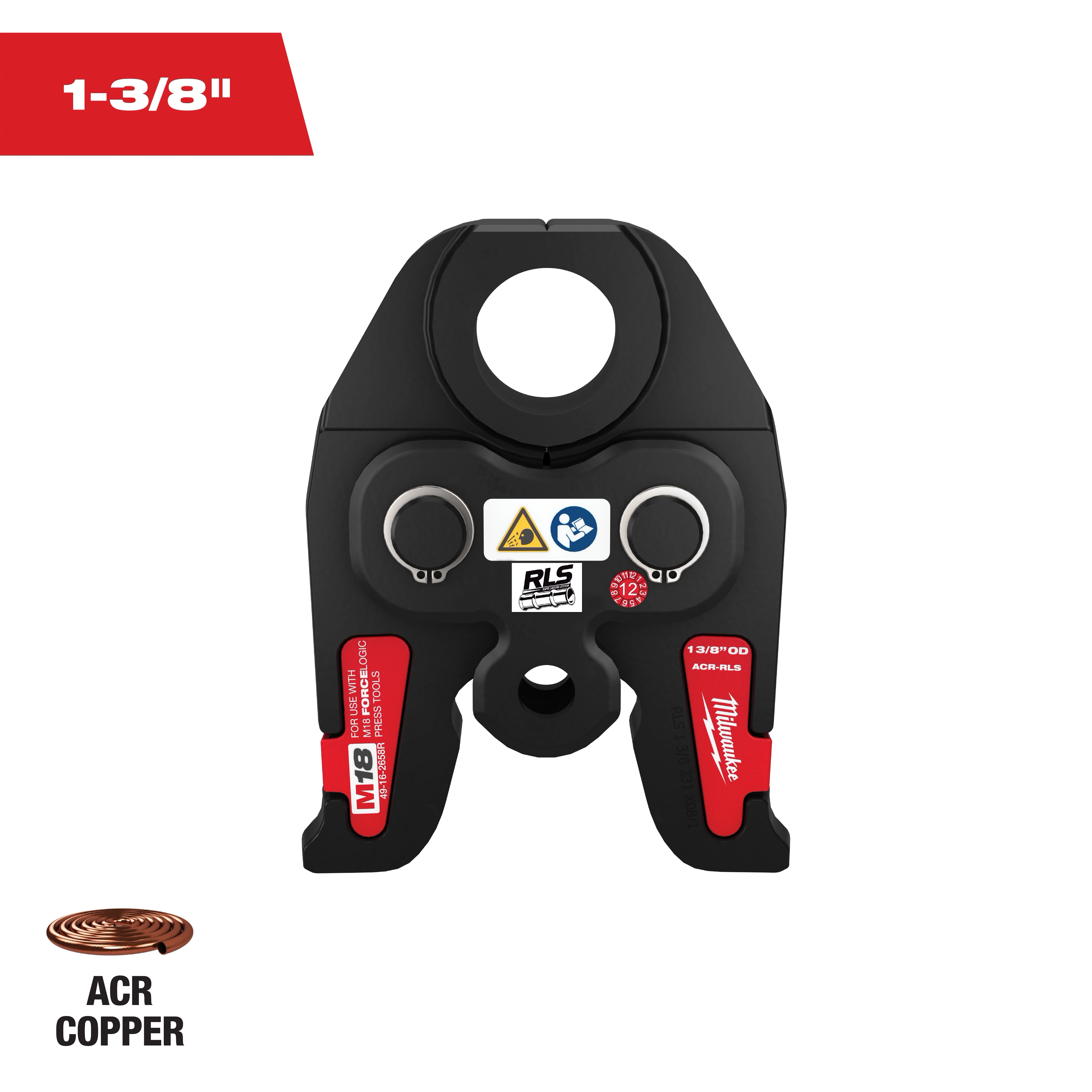 The image shows a Milwaukee 1-3/8" ACR Copper crimping tool attachment. It's black with red accents and features multiple technical symbols. The ACR Copper logo is at the bottom left corner.