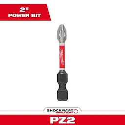 Image of a Milwaukee Shockwave Impact Duty PZ2 2-inch power bit. The bit features a red and silver design with a hexagonal grip and a pointed tip. The background is white with "2’’ POWER BIT" written in a red box at the top-left corner.