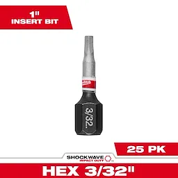 Image of a SHOCKWAVE™ 1" Impact Duty Hex 3/32" Insert Bit. The packaging indicates it is a 25 pack, with the bit featuring a hexagonal design and labeled 3/32.