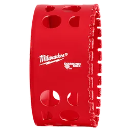 Milwaukee 3-1/2" DIAMOND MAX Hole Saw features a red cylindrical body with multiple holes and a serrated edge for cutting.