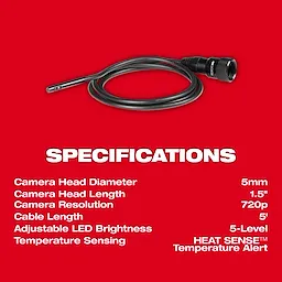 Red background product image showing a 5mm Borescope Camera Cable. Specifications include 5mm camera head diameter, 1.5" camera head length, 720p resolution, 5' cable length, 5-level adjustable LED brightness, and HEAT SENSE™ temperature alert.