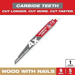 Milwaukee 9-inch AX Carbide Teeth reciprocating saw blade for cutting through wood with nails features 5 TPI (teeth per inch). The blade comes in a single pack and showcases the "CUT LONGER. CUT MORE. CUT FASTER." tagline.