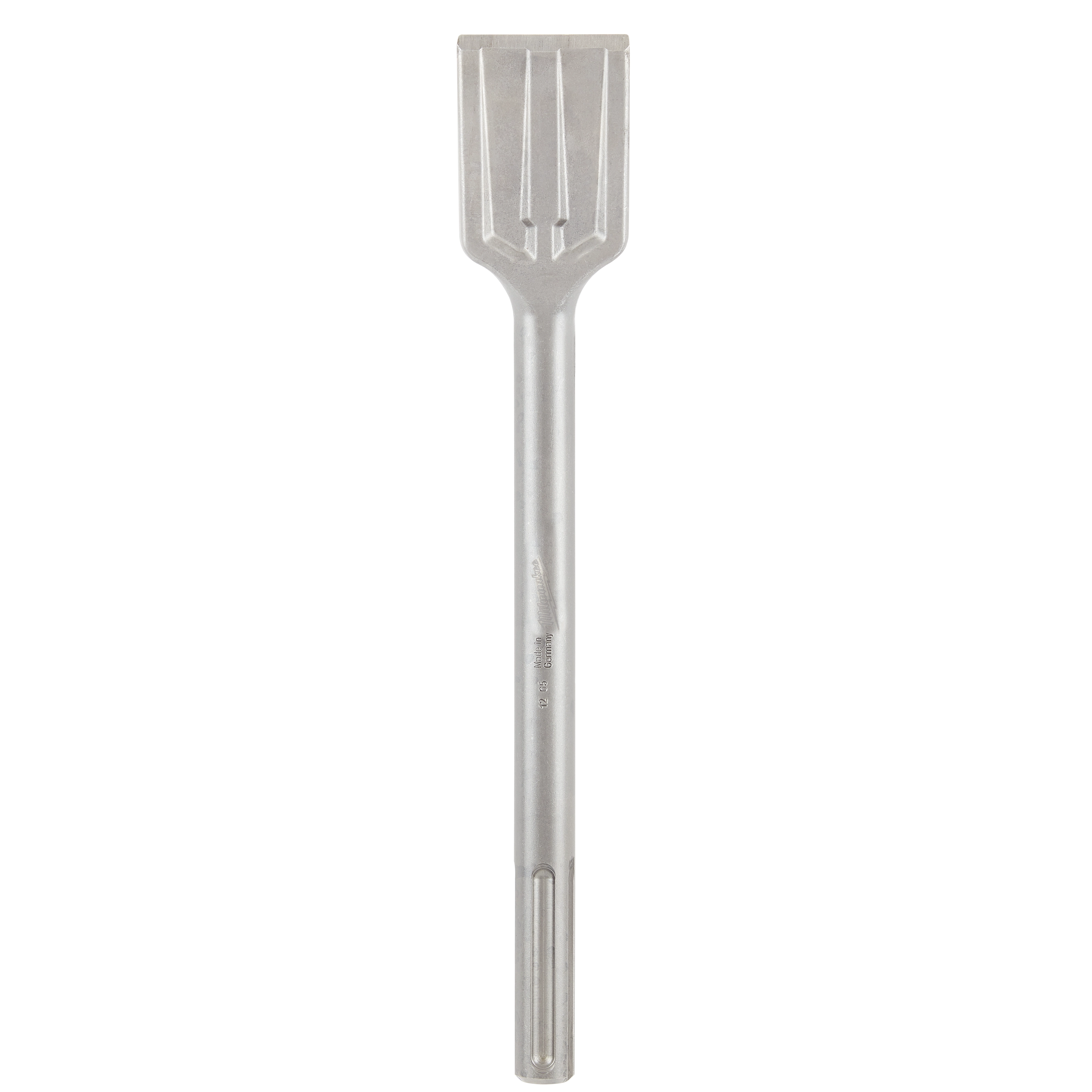 The image features an SDS-MAX%20SCRAPING chisel accessory. It has a long, cylindrical metal shaft with a wide, flat, and ridged scraping blade at the top. The chisel is designed for heavy-duty scraping and surface preparation tasks in construction and renovation work.