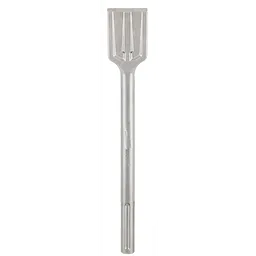 The image features an SDS-MAX%20SCRAPING chisel accessory. It has a long, cylindrical metal shaft with a wide, flat, and ridged scraping blade at the top. The chisel is designed for heavy-duty scraping and surface preparation tasks in construction and renovation work.