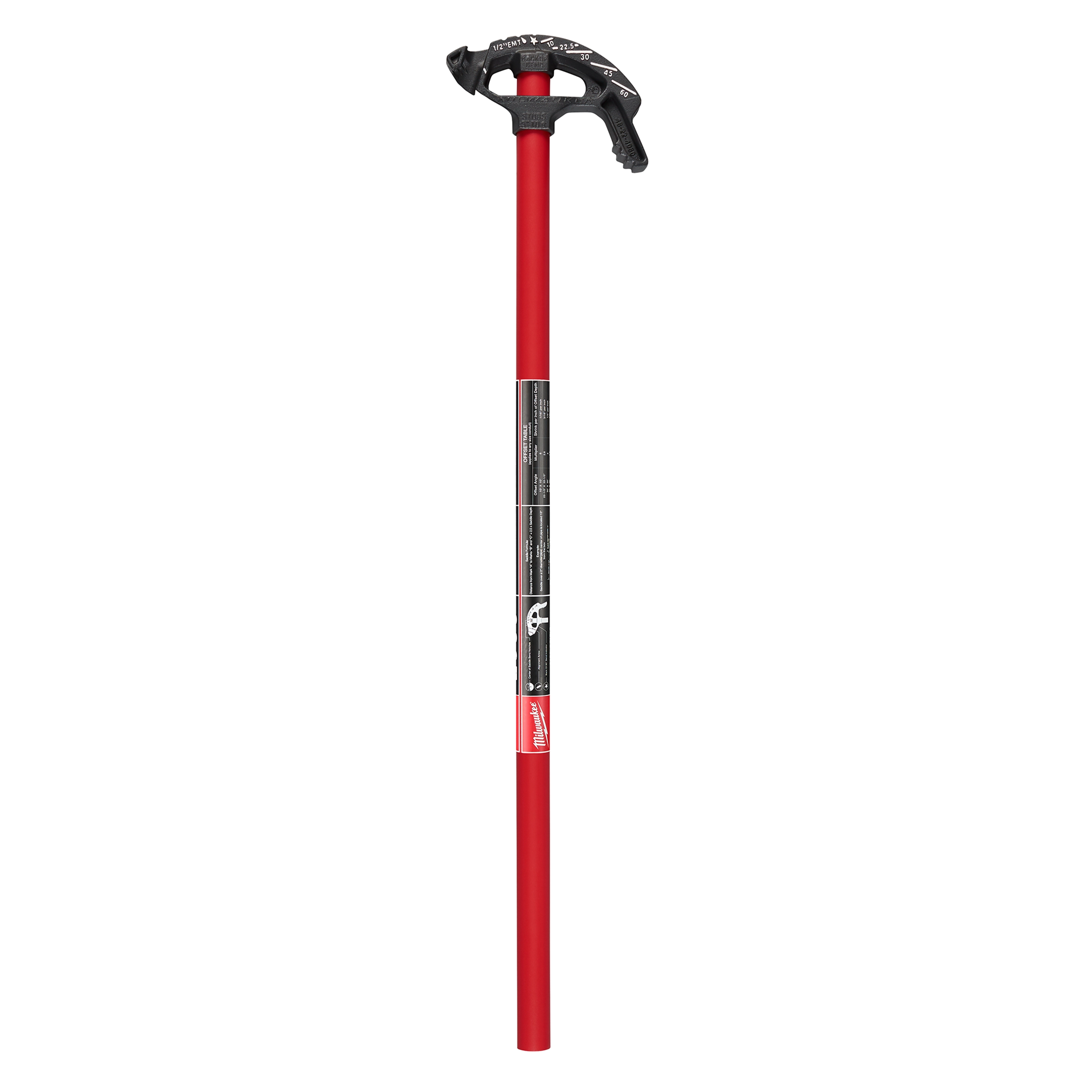 1/2" EMT iron conduit bender with a red handle and black, labeled head. Used for shaping electrical metallic tubing efficiently.