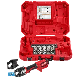 Red carrying case containing the M18™ FORCE LOGIC™ 600 MCM Crimper w/ #8 - 750 MCM Cu Dies. The case has a labeled chart inside the lid, and includes various crimping dies and two crimper heads. The tool has a black handle with a red motor housing.