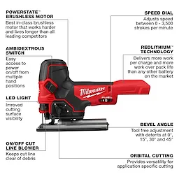 The M18 FUEL™ Barrel Grip Jig Saw features a brushless motor, speed dial (0-3,500 SPM), REDLITHIUM™ technology, and ambidextrous switch. It has an LED light for visibility, orbital cutting, adjustable bevel angles (0°, 15°, 30°, 45°), and an on/off cut line blower to clear debris.