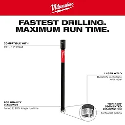 Diamond Ultra Wet Core Bits for fast drilling and maximum run time, featuring top quality diamonds, laser welds, and thin kerf design.
