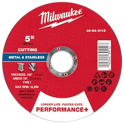 5" x 0.045" x 7/8" Performance+ Metal Cut Off Wheel - Type 1, for cutting metal and stainless steel, red label with specifications.