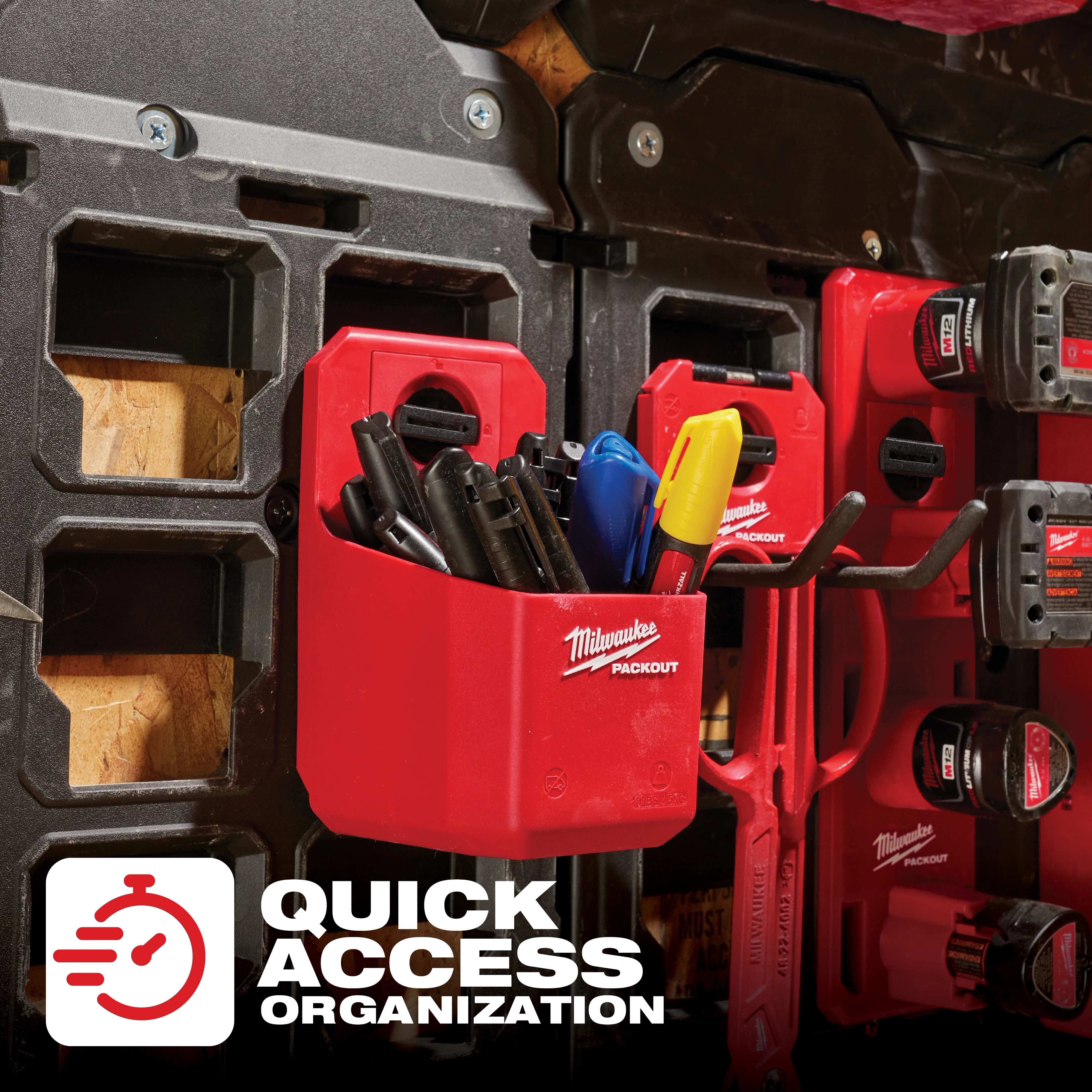 The image displays a PACKOUT Organizer Cup in red, mounted on a storage wall with tools and equipment, promoting quick access organization.