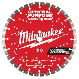 Image of a 12" DIAMOND ULTRA™ Segmented Turbo, General Purpose Diamond Blade. The red blade has "Milwaukee" branding, and is designed for cutting reinforced concrete, brick, block, stone, and roof tile. It features a segmented edge with measurement specifications listed.